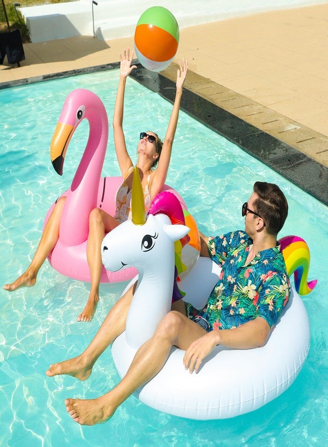 PARENTSWELL 43'' Inflatable Unicorn Flamingo Pool Floats, 2 Pack Pool Tube Floaties Swim Rings with 2 Beach Balls, Inflatable Pool Raft Tubes for Adults Pool Party Favors - Image 4