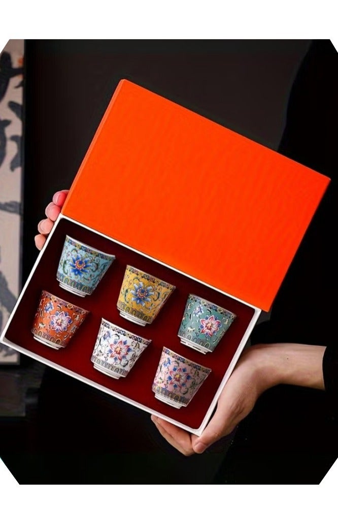 أفضل ذروة 6 أكواب شاي سيراميك مع صندوق هدايا، مجموعة أكواب قهوة بورسلين أنيقة مطلية بالمينا الزهري، 6 أكواب شاي زهرية الألوان للاستخدام في المنزل والمكتب والمطعم - Image 1