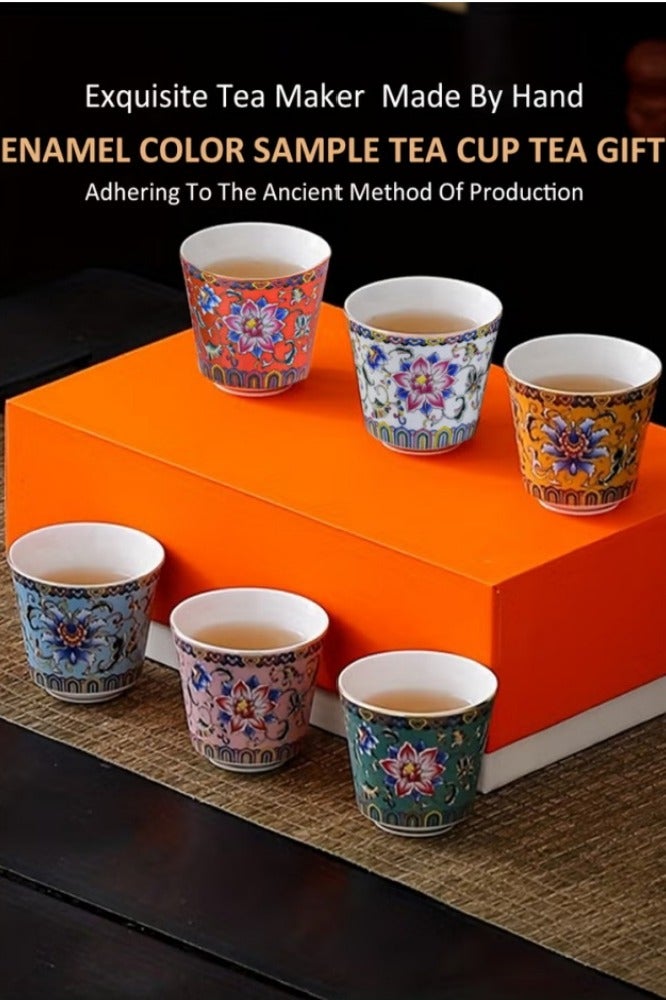 أفضل ذروة 6 أكواب شاي سيراميك مع صندوق هدايا، مجموعة أكواب قهوة بورسلين أنيقة مطلية بالمينا الزهري، 6 أكواب شاي زهرية الألوان للاستخدام في المنزل والمكتب والمطعم - Image 2