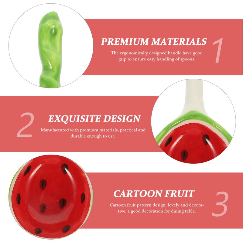 Ceramic Cooking Spoons Set with Watermelon Pattern Long Handle Kitchen Soup Serving Spoons 2 Pieces - Image 4