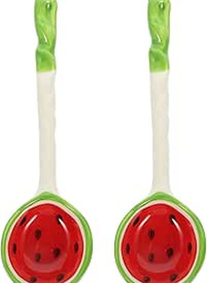 Ceramic Cooking Spoons Set with Watermelon Pattern Long Handle Kitchen Soup Serving Spoons 2 Pieces - Image 1
