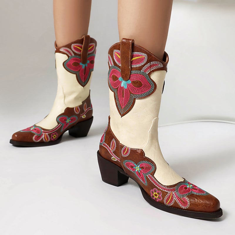 Fashion High-Heeled Western Cowboy Boots 40-46 Pointed Embroidered Color-Matching Boots - Image 3