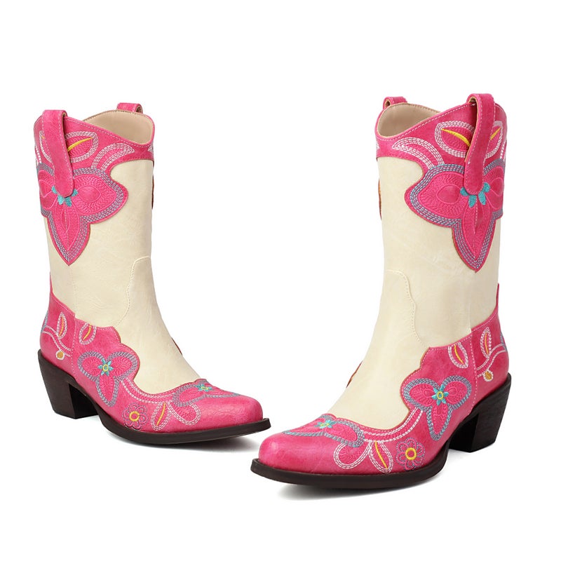 Fashion High-Heeled Western Cowboy Boots 40-46 Pointed Embroidered Color-Matching Boots - Image 1