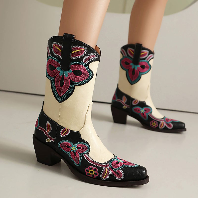 Fashion High-Heeled Western Cowboy Boots 40-46 Pointed Embroidered Color-Matching Boots - Image 5