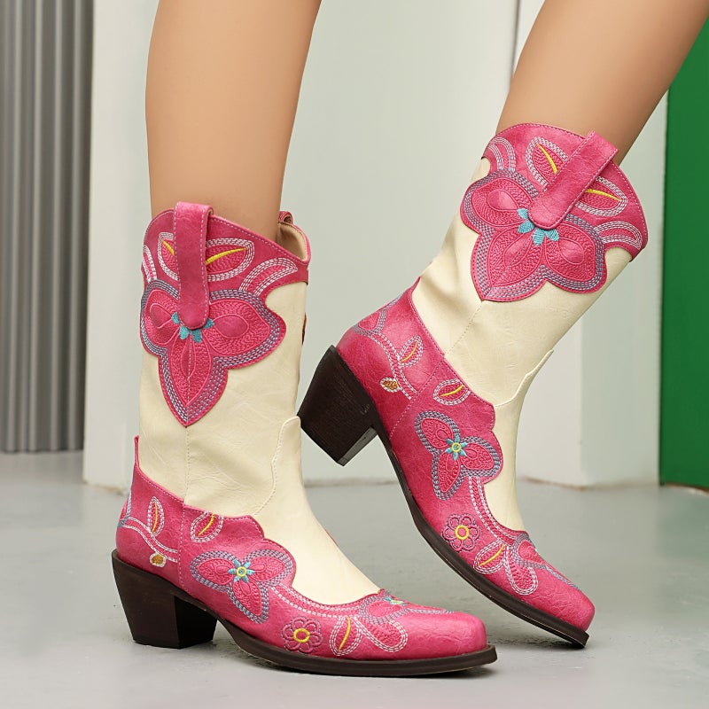 Fashion High-Heeled Western Cowboy Boots 40-46 Pointed Embroidered Color-Matching Boots - Image 4