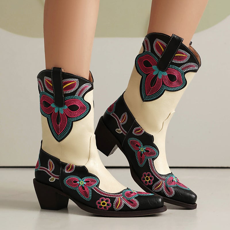 Fashion High-Heeled Western Cowboy Boots 40-46 Pointed Embroidered Color-Matching Boots - Image 2