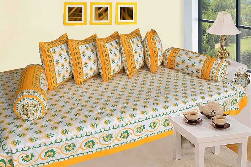 SkyKross - Everyday A New Thing SkyKross Everyday A New Thing Special Floral Printed Pure Soft Cotton Diwan Cover Set 8 Pcs Set 5 Cushion Cover2 Bolster Cover1 Bedsheet Yellow - Image 1