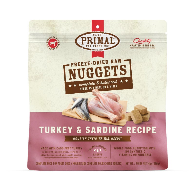 Primal Pet Foods Primal Freeze Dried Raw Dog Food Nuggets, Turkey & Sardine Complete & Balanced Meal, Also Use as Topper or Treat, Premium, Healthy, Grain Free, High Protein Raw Dog Food, 14 oz - Image 1
