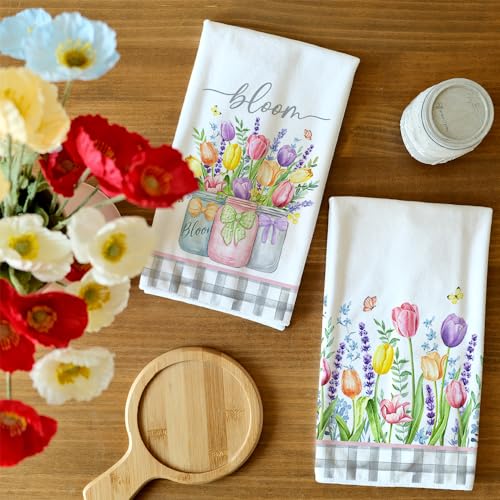 ARKENY Lavender Tulip Spring Kitchen Towels Dish Towels Set of 2,Pink Floral Hand Towels 18x26 Inch Drying Dishcloth,Farmhouse Home Seasonal Spring Decorations AD273 - Image 3