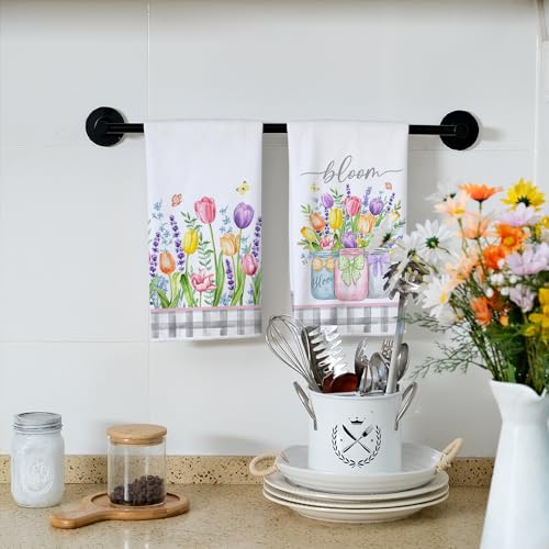 ARKENY Lavender Tulip Spring Kitchen Towels Dish Towels Set of 2,Pink Floral Hand Towels 18x26 Inch Drying Dishcloth,Farmhouse Home Seasonal Spring Decorations AD273 - Image 2