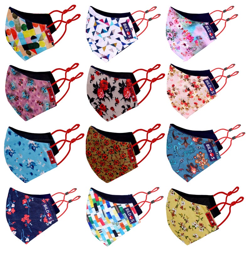 Bildos Cotton Flower & Crystal Printed Cloth Without Valve Super Breathable Reusable Women's & Girl's Face Mask with Adjustable Ear Loop (Multicolour) - Pack of 12 - Image 1