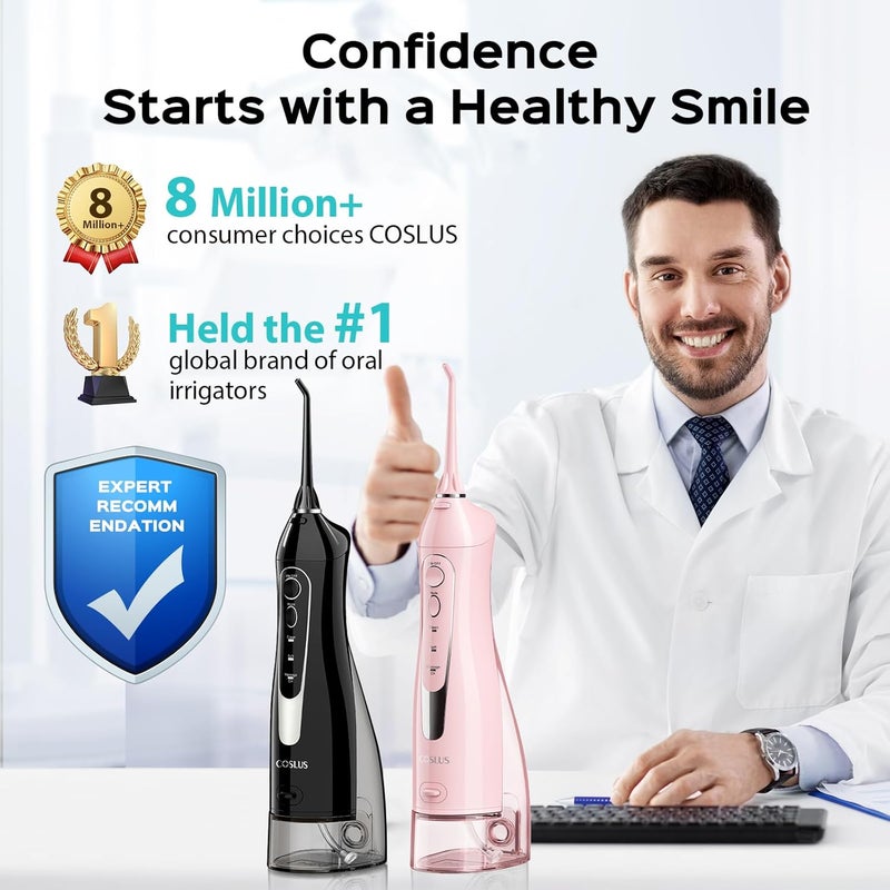 COSLUS جهاز تنظيف الأسنان بالماء اللاسلكي COSLUS 2 عبوة مع تعبئة أنيقة للعناية بالأسنان وتقويم الأسنان واللثة سهل الاستخدام قابل لإعادة الشحن مقاوم للماء محمول للسفر خالي من BPA أسود وردي C20F5020E - Image 2