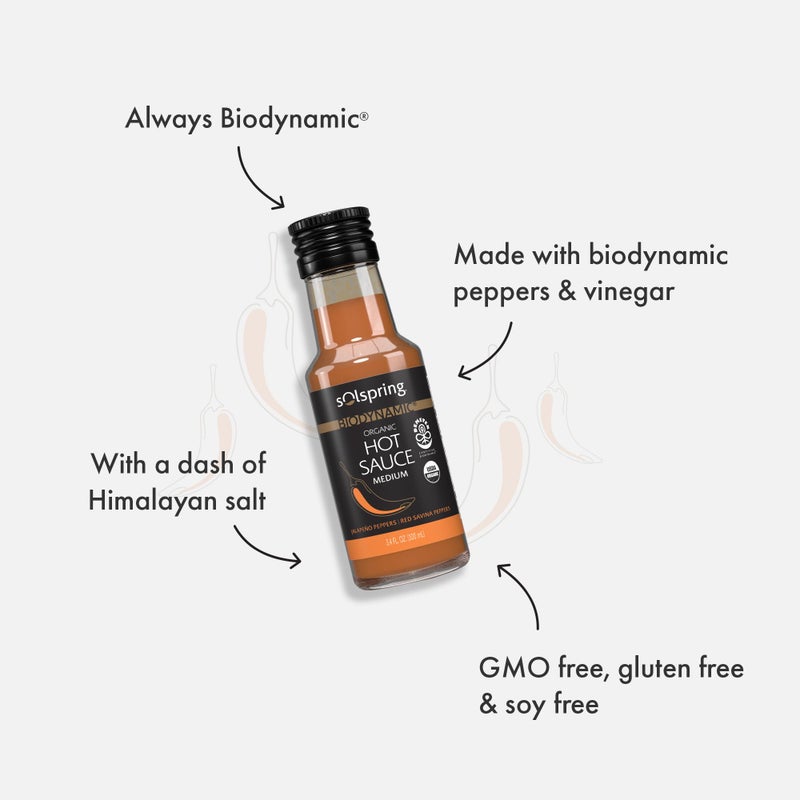 Dr. Mercola Solspring Biodynamic Organic Hot Sauce, Medium, 3.4 Fl. Oz. (100 mL), Jalapeno & Red Savina Peppers, Non-GMO, Gluten Free, Soy Free, Certified USDA Organic, Demeter Certified - Image 3