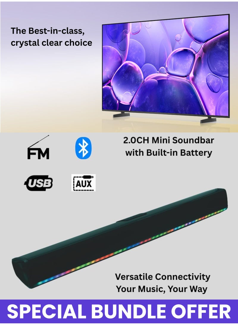 Samsung 55 Inch Crystal UHD U8000F 4K Smart TV (2025) + 2.0 Channel Portable Soundbar With Built In Battery & LED Lights | Tizen OS HDR Smart TV (International Model) 50Hz, HDR10+, OTS Lite, HDMI x3, USB x1, YouTube, Netflix, MetalStream Design - Image 2