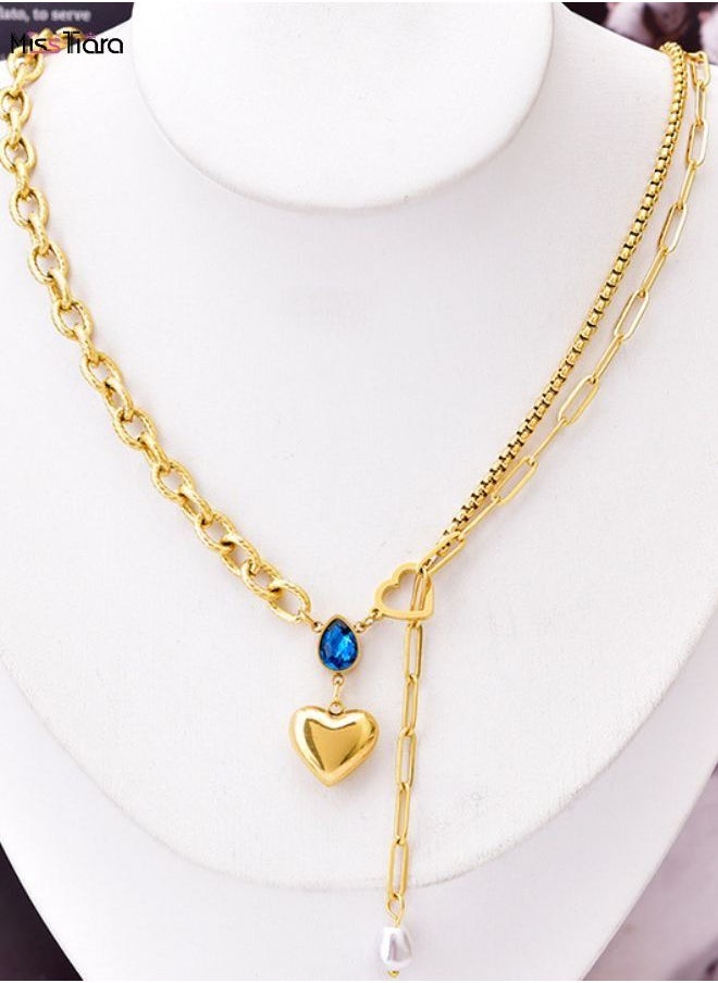 MissTiara - Blue Water Drop Zircon Heart Necklace Pendant Pearl Tassel Collarbone T-Shirt Chain-Elegant Titanium Steel Necklace for Women - Image 1