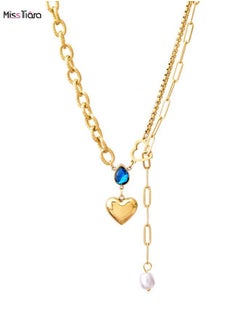 Blue Water Drop Zircon Heart Necklace Pendant Pearl Tassel Collarbone T-Shirt Chain-Elegant Titanium Steel Necklace for Women