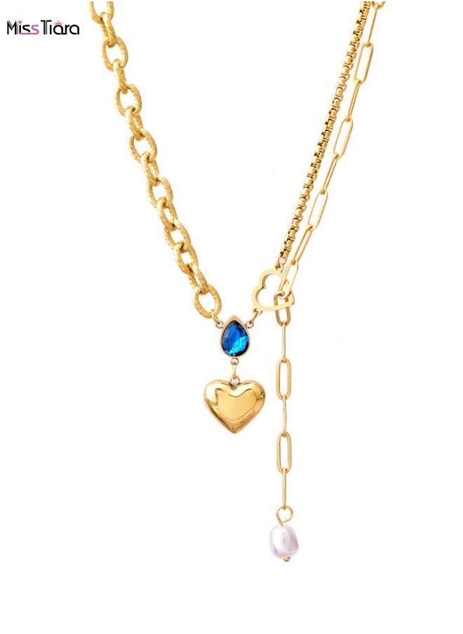 MissTiara - Blue Water Drop Zircon Heart Necklace Pendant Pearl Tassel Collarbone T-Shirt Chain-Elegant Titanium Steel Necklace for Women - Image 1