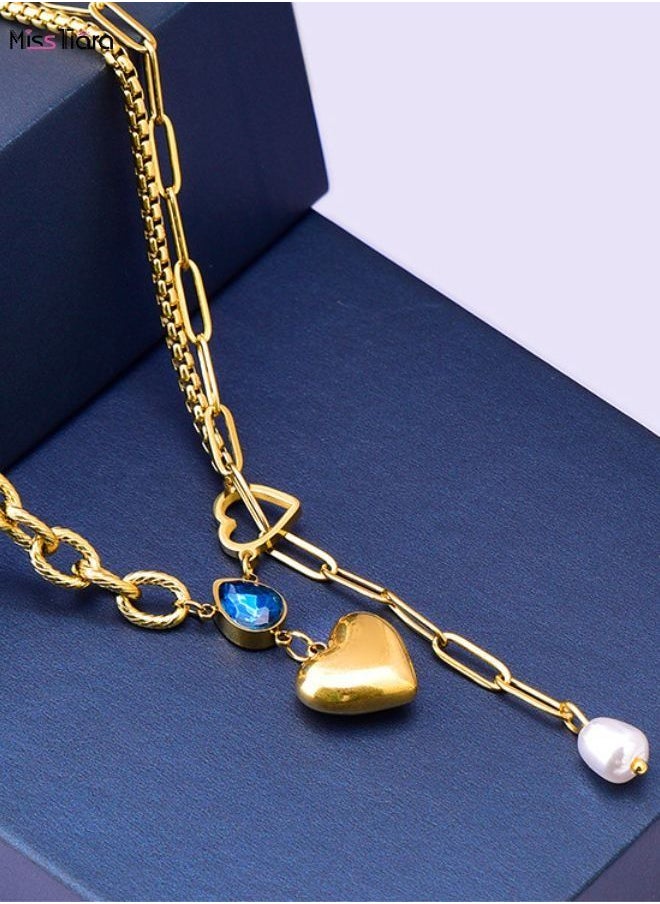 MissTiara - Blue Water Drop Zircon Heart Necklace Pendant Pearl Tassel Collarbone T-Shirt Chain-Elegant Titanium Steel Necklace for Women - Image 1