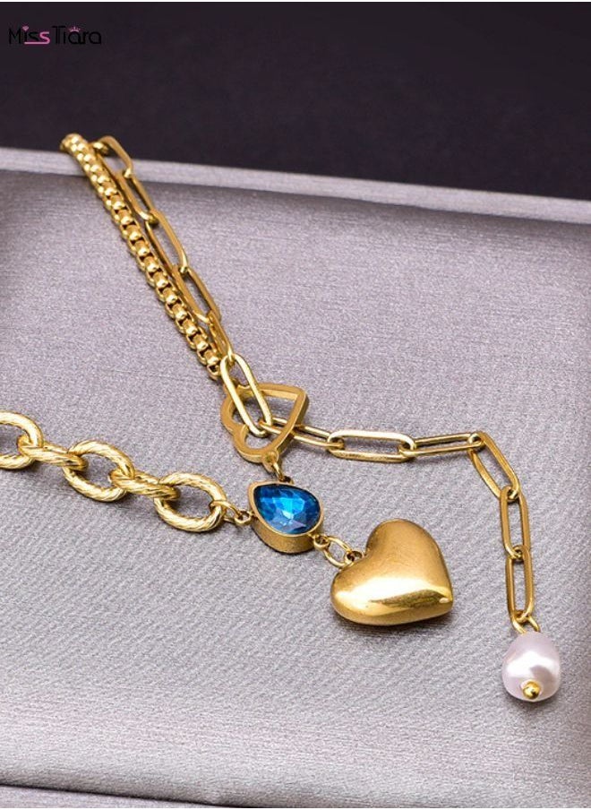 MissTiara - Blue Water Drop Zircon Heart Necklace Pendant Pearl Tassel Collarbone T-Shirt Chain-Elegant Titanium Steel Necklace for Women - Image 1
