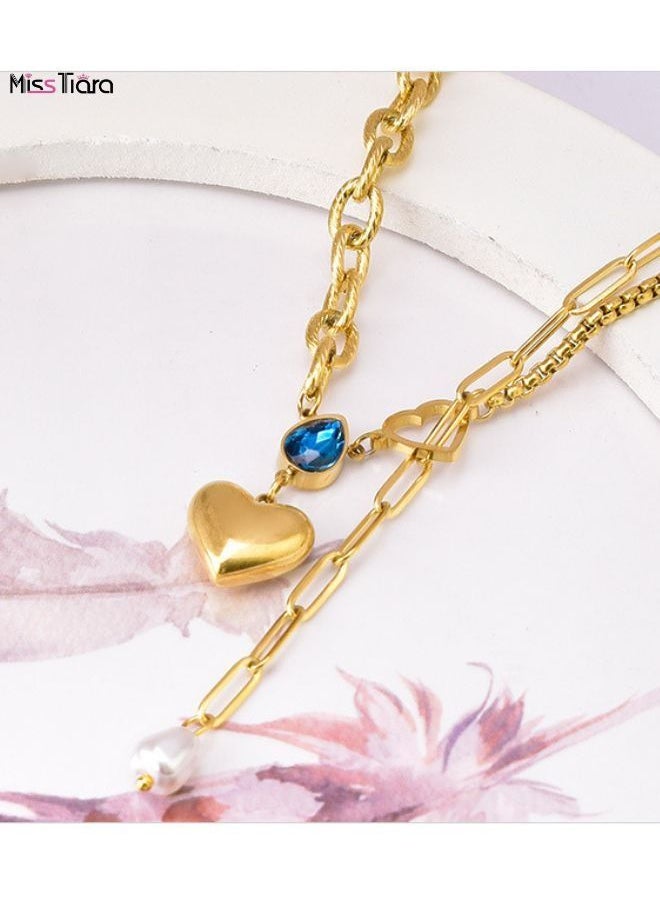 MissTiara - Blue Water Drop Zircon Heart Necklace Pendant Pearl Tassel Collarbone T-Shirt Chain-Elegant Titanium Steel Necklace for Women - Image 1