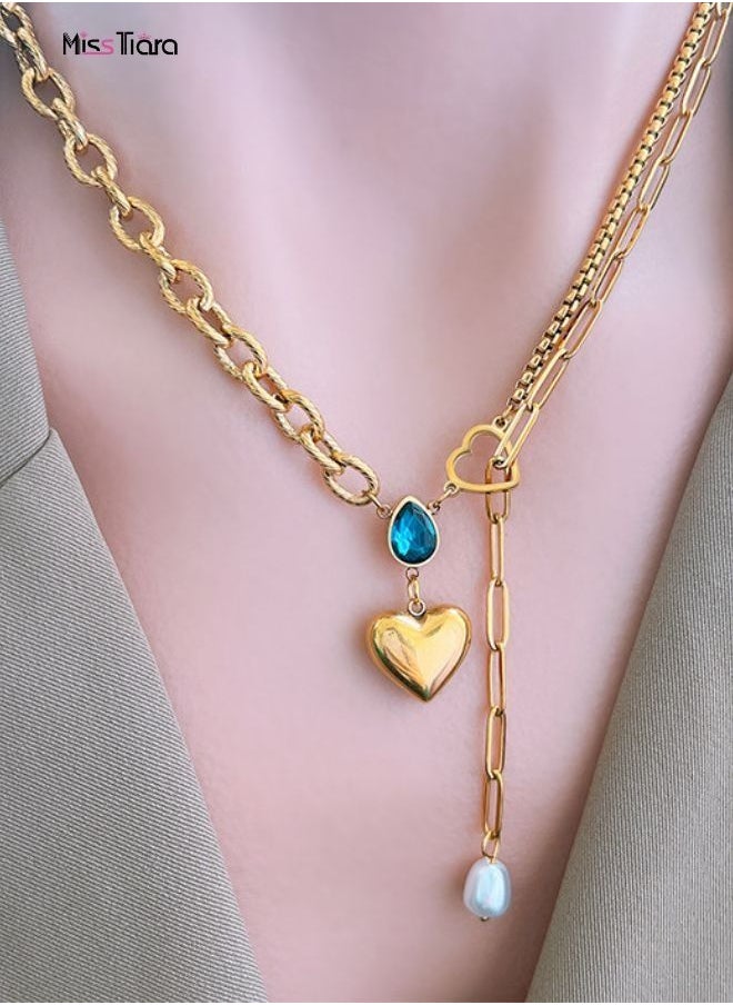 MissTiara - Blue Water Drop Zircon Heart Necklace Pendant Pearl Tassel Collarbone T-Shirt Chain-Elegant Titanium Steel Necklace for Women - Image 1