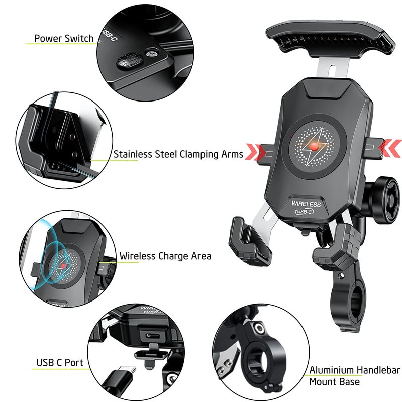iMESTOU Anti-Theft Motorcycle Wireless Phone Mount Charger 15W & USB C 3A Handlebar 1" Ball Phone Holder Works with 12V/24V Vehicle/USB A Socket 720 Rotation Quick Charge for 4.0-7.0" Cellphones - Image 5