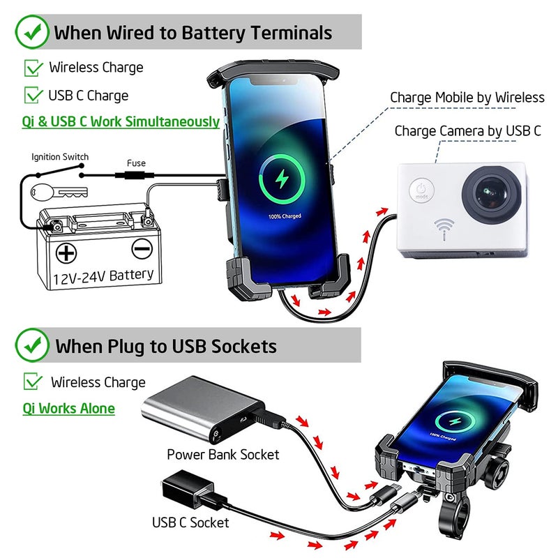 iMESTOU Anti-Theft Motorcycle Wireless Phone Mount Charger 15W & USB C 3A Handlebar 1" Ball Phone Holder Works with 12V/24V Vehicle/USB A Socket 720 Rotation Quick Charge for 4.0-7.0" Cellphones - Image 2