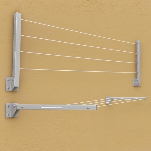 HOMIFLY Metal Foldable Wall Mount Cloth Drying Stand with 30 Feet Rope/Wall Hanging Clothes Dryer Rack for Balcony & Indoor Use/Space Saving Wall Mounted Laundry Hanger - (Silver) - Image 1