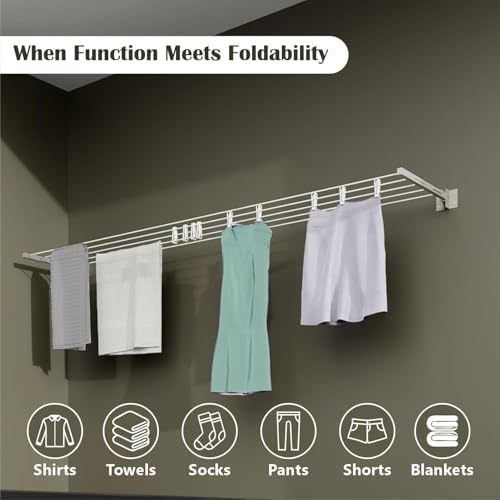 HOMIFLY Metal Foldable Wall Mount Cloth Drying Stand with 30 Feet Rope/Wall Hanging Clothes Dryer Rack for Balcony & Indoor Use/Space Saving Wall Mounted Laundry Hanger - (Silver) - Image 2