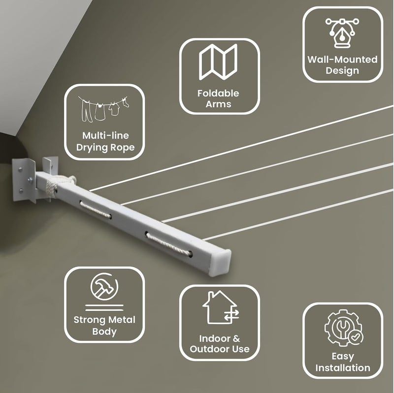 HOMIFLY Metal Foldable Wall Mount Cloth Drying Stand with 30 Feet Rope/Wall Hanging Clothes Dryer Rack for Balcony & Indoor Use/Space Saving Wall Mounted Laundry Hanger - (Silver) - Image 5
