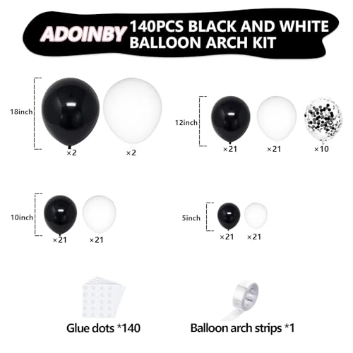 ADOINBY Black and White Balloon Arch Kit, ADOINBY 140Pcs Black and White Durable Latex Balloons 18 12 10 5 Inch Different Size Balloons for Birthday Anniversary Wedding Engagement Graduation Party Decorations - Image 2