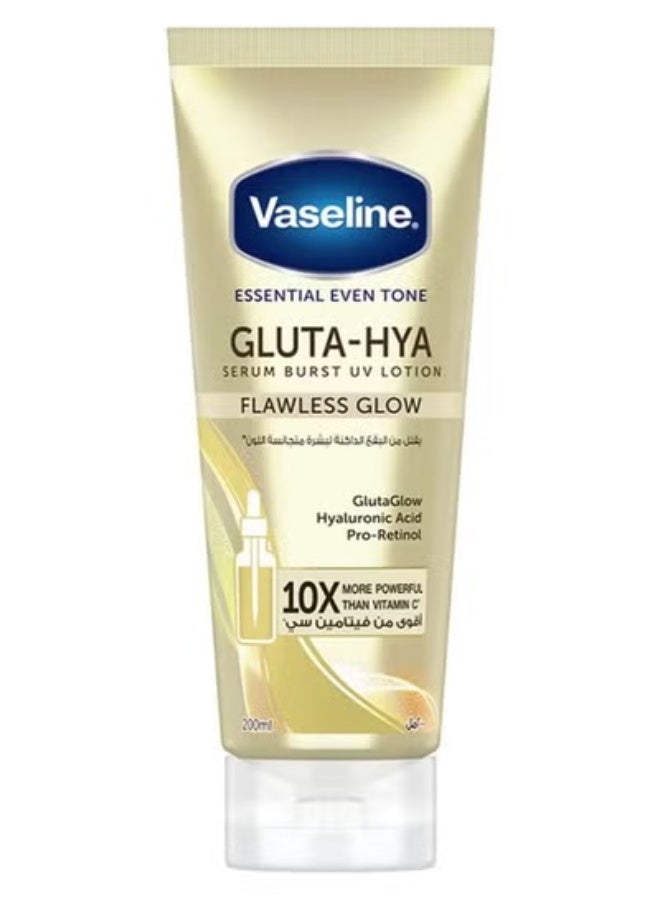 Gluta-Hya Serum Burst UV, Flawless Glow, Essential Even Tone Body Lotion 200ml