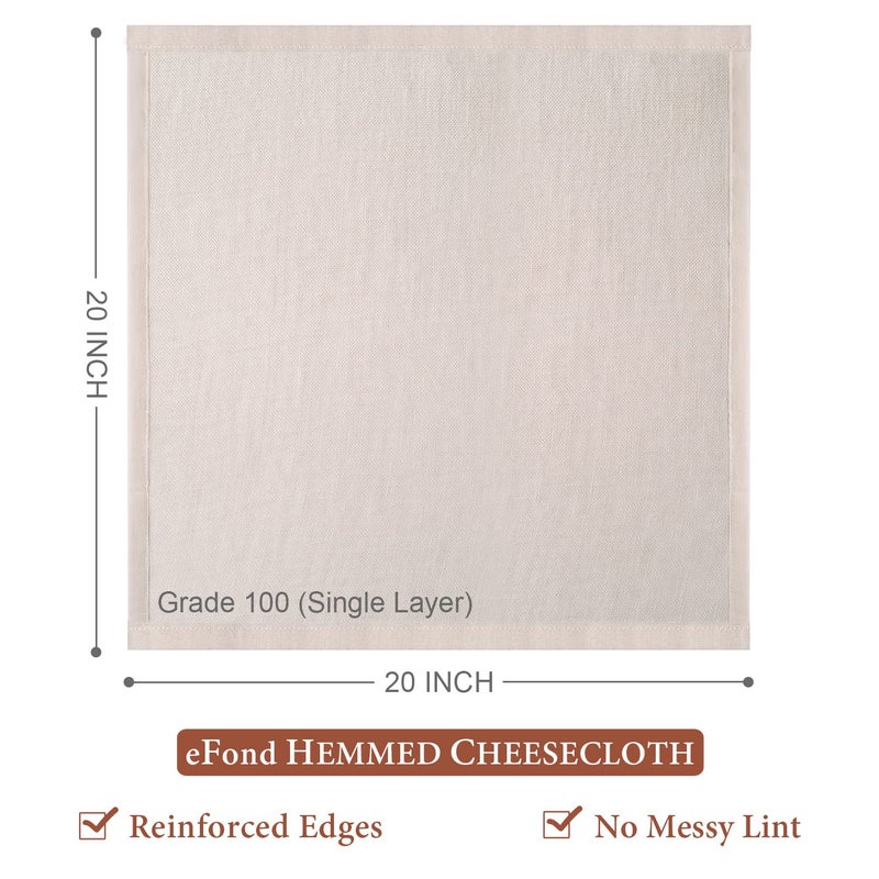 eFond Cheesecloth, Precut 20x20Inch, Grade 100 Hemmed Cheese Cloths for Cooking Reusable and Washable, 100% Unbleached Pure Cotton Muslin Cloths for Straining Butter, Cheese, Nut Milk (3 Pieces) - Image 2