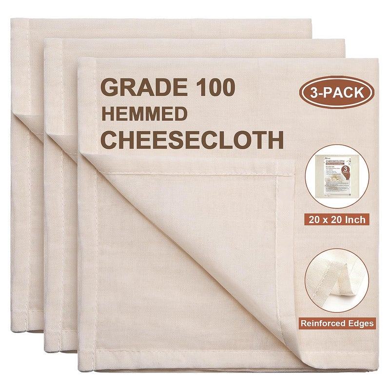 eFond Cheesecloth, Precut 20x20Inch, Grade 100 Hemmed Cheese Cloths for Cooking Reusable and Washable, 100% Unbleached Pure Cotton Muslin Cloths for Straining Butter, Cheese, Nut Milk (3 Pieces) - Image 1