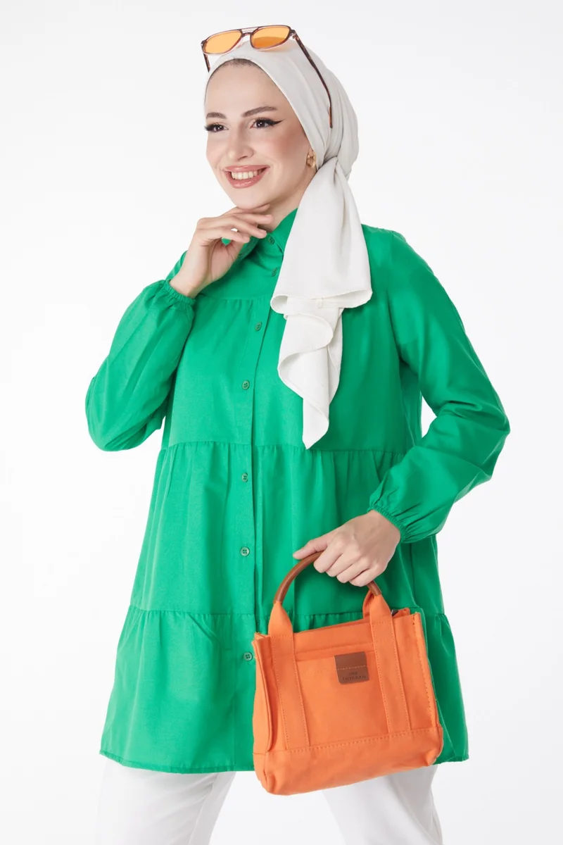 Tofisa Plain Shirt Collar Women's Green Gathered Tunic 13177