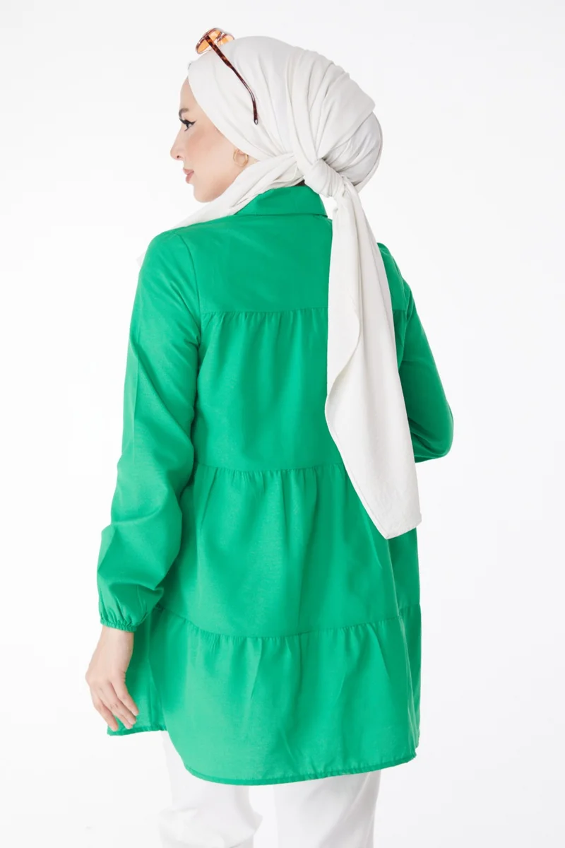 Tofisa Plain Shirt Collar Women's Green Gathered Tunic 13177