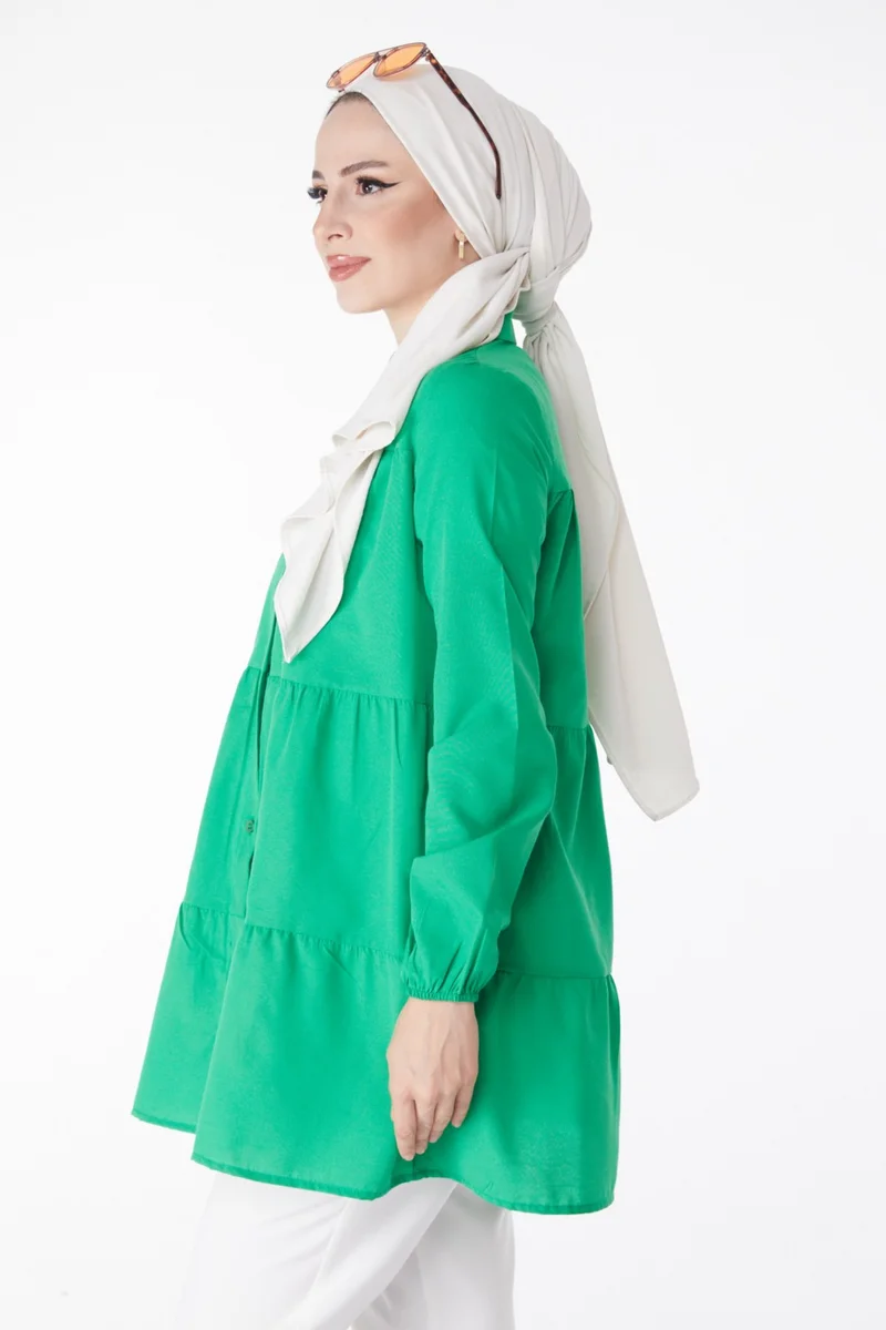 Tofisa Plain Shirt Collar Women's Green Gathered Tunic 13177