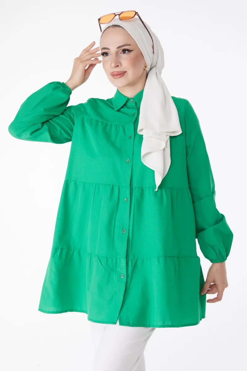 Tofisa Plain Shirt Collar Women's Green Gathered Tunic 13177