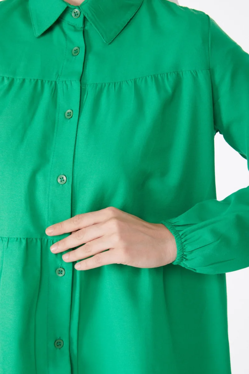 Tofisa Plain Shirt Collar Women's Green Gathered Tunic 13177
