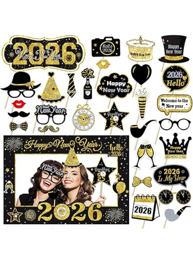 29PCS New Year Photo Booth Props and Paper Photo Booth Frame, Giant Selfie Frame, Funny Prom Party Props, for 2026 New Year Party Decorations