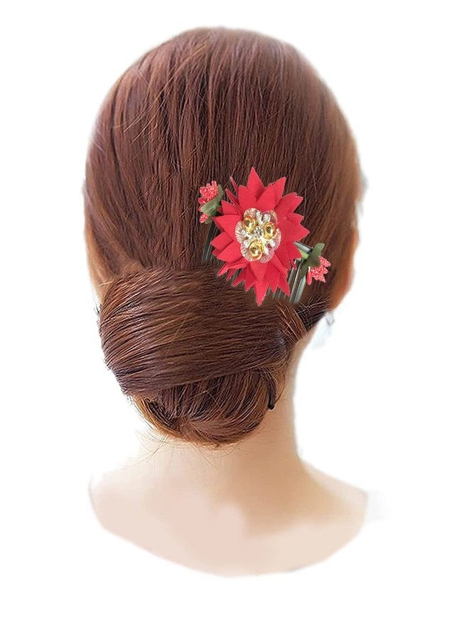 Arooman™ Acrylic Comb and Cloth Flower Hair side Comb/Clip Flower Design Juda Comb,For Women And Girls Pack -01, Color Red - Image 3