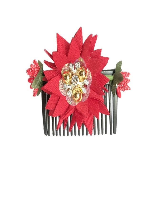 Arooman™ Acrylic Comb and Cloth Flower Hair side Comb/Clip Flower Design Juda Comb,For Women And Girls Pack -01, Color Red - Image 1