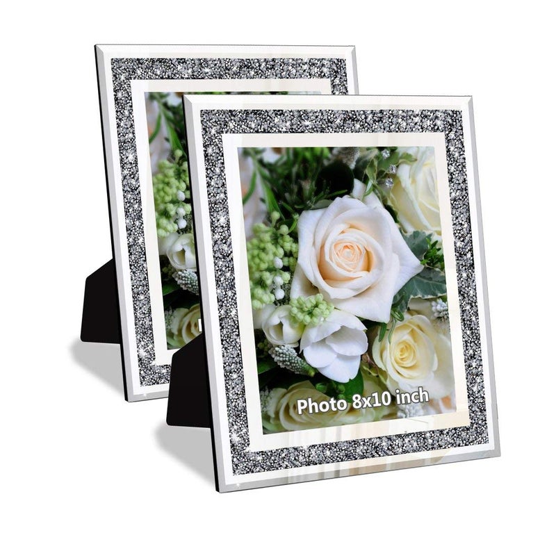 Crushed Diamond Wedding Mirror Photo Frame Crystal Silver Glass Picture Frame For Photograph Size 8x10 inch Pack of 2 Pieces table top Stand frame  Wall Frame Bling Sparkle Crushed Diamond Home
