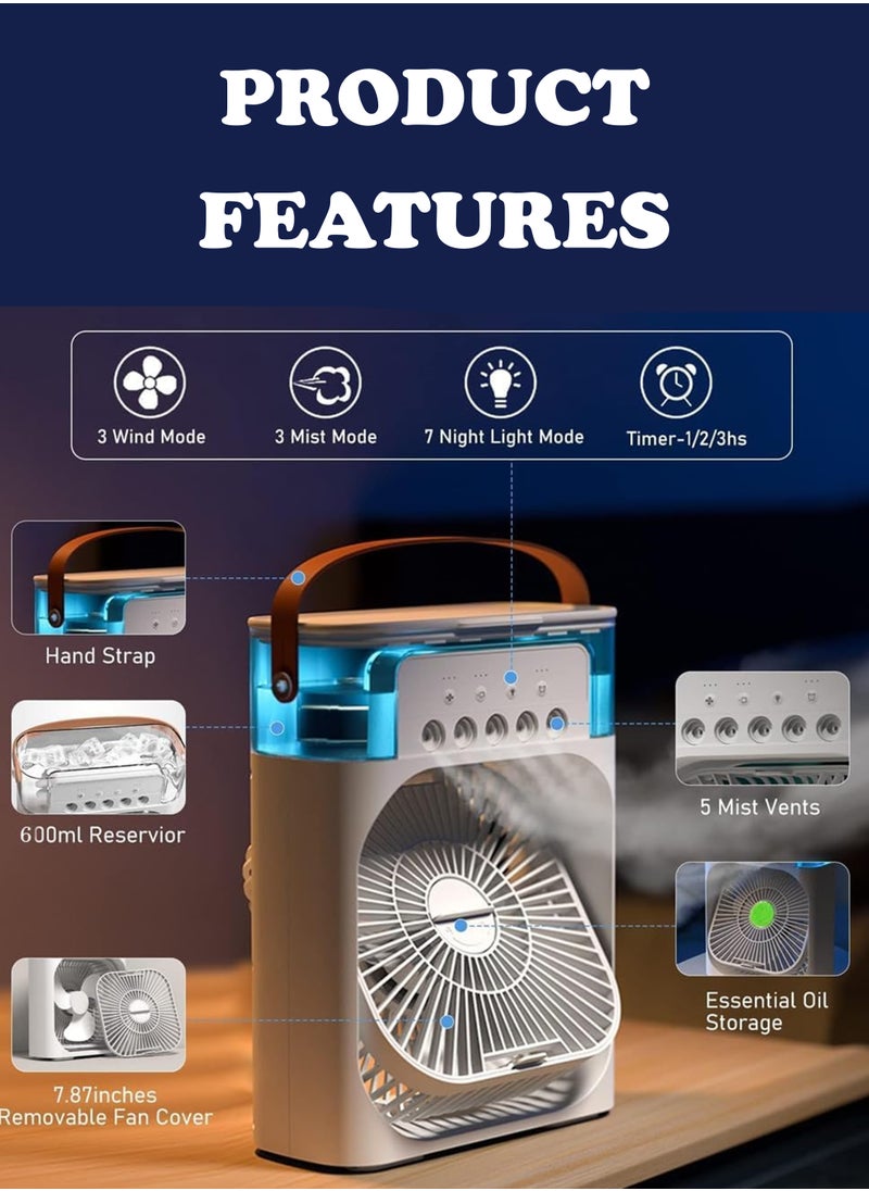 Generic 3 IN 1 Mini Cooling Fan Portable Air Conditioner Fan Mini Personal Evaporative Air Cooler Small Air Cooler Fan with Type-C Input 3 Speeds Spray Oscillation Humidifier Timing Function 7-Color LED Night Light Quiet Operation Easy-to-Clean Water Tank for Home Office Bedroom Camping  - Image 5
