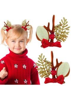 HOXIEYA Christmas Bow Hair Clip Sparkle Reindeer Hair Bow Clips for Girls Baby Red Gold Bow Antler Bow Clips Design Christmas Barrettes Hair Accessories for Holiday Xmas Hair Decoration-2PCS  - Image 1