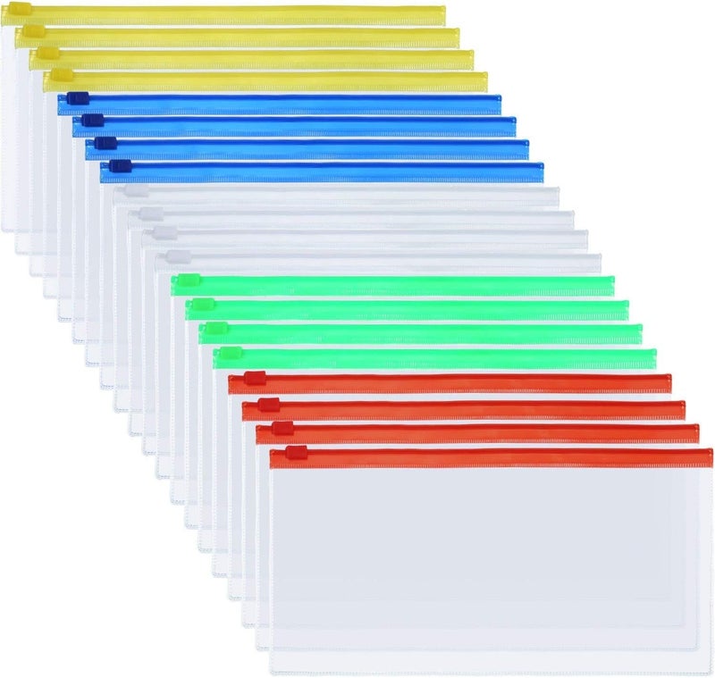20 Pieces Plastic Transparent Poly Zipper Envelope File Folders Zipper Letter Bags, 5 Colors, 9 x 4.7 inches
