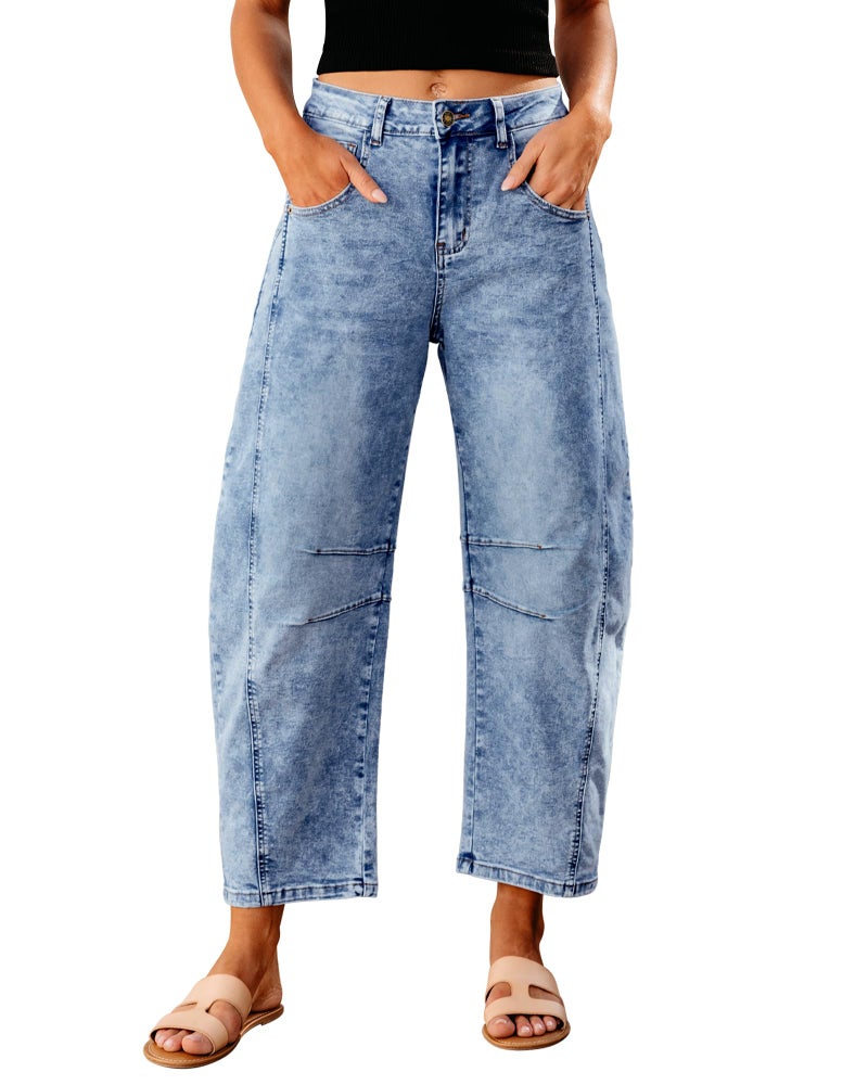 GRAPENT Nashville Outfits for Women High Waist Jeans for Women Balloon Barrel Leg Denim Pants Womens Crop Wide Leg Jeans for Spring Summer Fall Winter Color Reef Blue Large Size 12 Size 14 - Image 1
