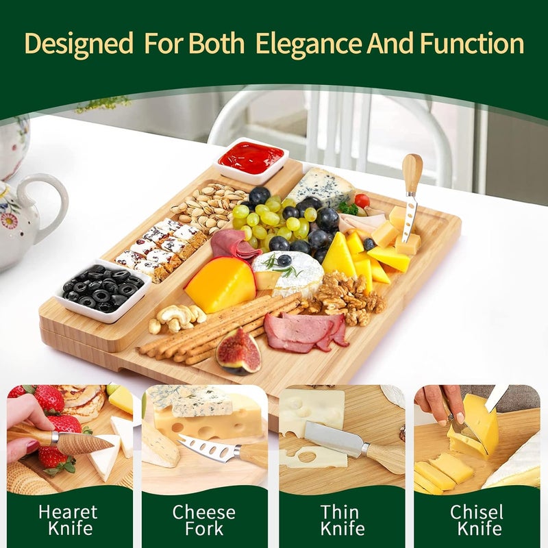 YZS Housm Charcuterie Boards and Knife Set - Bamboo Cheese Board - Wine Meat Cheese Tray Platter - Unique Housewarming Gifts, Anniversary Wedding Gifts for Couple, Bridal Shower Gift - Image 5