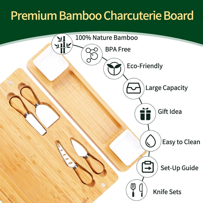 YZS Housm Charcuterie Boards and Knife Set - Bamboo Cheese Board - Wine Meat Cheese Tray Platter - Unique Housewarming Gifts, Anniversary Wedding Gifts for Couple, Bridal Shower Gift - Image 3