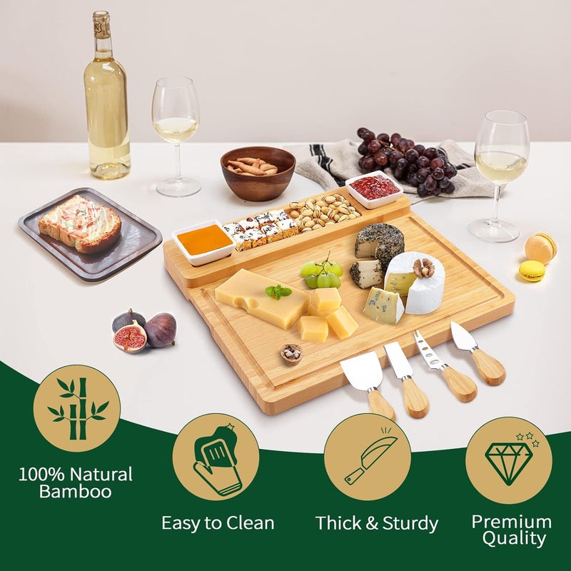 YZS Housm Charcuterie Boards and Knife Set - Bamboo Cheese Board - Wine Meat Cheese Tray Platter - Unique Housewarming Gifts, Anniversary Wedding Gifts for Couple, Bridal Shower Gift - Image 2